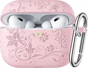 [WJK] Compatible with Apple AirPods Pro 1st/2nd Generation Charging Case, Stylish Soft Silicone Flower Print Engraved Protector with Keychain for AirPods Pro Case, Pink