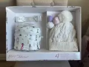 Betsey Johnson White 4pc Beanie Hat, Cosmetic Case, Strap, Keychain Gift Set NEW