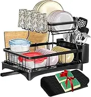 Dish Rack Dish Drying Rack Dish Drainer Over Sink Draining with Drip Tray 2 Tier Metal with Cutlery Holder Automatic Drainage Rotating Spout Removable Countertop Storage (Black,44x31x33cm)