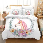 White Floral Unicorn Quilt Doona Duvet Cover Pillow Case Set