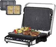 Waffle Maker and Electric Grill - 2000W Steak Grill Pan with Non-Stick Surface, Touch Screen Controls, 180° Adjustable, Easy to Clean - Single Serve Waffle Iron