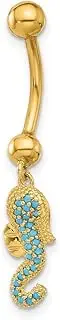 [JewelryWeb] 14ct Solid Yellow Gold 14 Gauge Polished Blue CZ Simulated Diamond Seahorse Dangle Navel Belly Ring 37mm Long