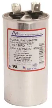 ROUND USA-MADE MOTOR RUN CAPACITOR, 45 MFD, 370/440 VAC Silver