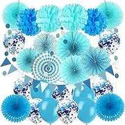 ZERODECO Party Hanging Paper Fans Set, Blue Confetti Balloons Decorative Folding Fans Paper Pompoms and Triangle Bunting Flags Garlands for Graduation Wedding Birthday Baby Shower Party Decorations