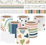 Acidea 196.8 ft Boho Classroom Borders for Bulletin Board, 6 Rolls Display Borders for Classrooms, Boho Colorful Straight Heart Rainbow Polka Dot Bulletin Border for Classroom Bulletin Board Decor