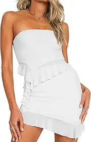 [CSDAJIO] Women's Asymmetrical Ruffle Hem Strapless Tube Top and Skirt Matching Set Summer 2 Pieces Outfits