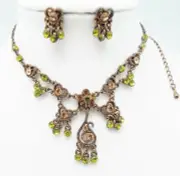 DESIGNER INSPIRED 18 in GREEN MULTI CRYSTAL BRONZE FLORAL DROP JEWELERY SET NEW