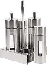 SOLUSTRE Stainless Steel Condiment Storage Set with Base Stand Removable Seasoning for Salt Pepper Sauce Vinegar Rustproof Kitchen Organizers with Transparent Design for Easy Identification