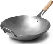 Traditional Hand Hammered Carbon Steel Pow Wok with Wooden & Steel Helper Handle
