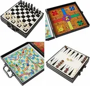 4 in 1 Tabletop Gaming Set: Chess, Ludo, Backgammon, Snakes and Ladders (Black)