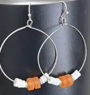Silver, Orange Sea Glass and Heishi Shell Dangle Hoop Earrings. Beach.