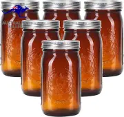 Amber Glass Mason Jars 32 Oz Wide Mouth with Airtight Lids and Bands 6 Pack Larg