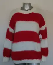 NWT Woman BP STRIPED OVERSIZED BRUSHED SWEATER Size S Fuzzy Long Slve White Red