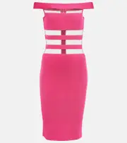 [Balmain] Balmain Off-shoulder mesh-paneled minidress UK 16 pink