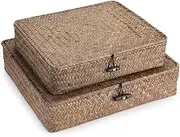 Set of 2 Flat Woven Wicker Storage Bins with Lid Natural Seagrass Basket Boxes Multipurpose Home Organizer for Shelf Organizer. (Coffee, Small+Large)