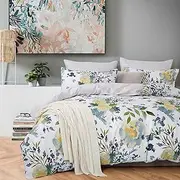 Luxton Floral Leaf Quilt Cover Set, Queen Size 3pcs Daralis Yellow Green Blue Botanical Flower Doona Cover Set (Queen Size)