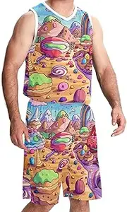 [KQNZT] Basketball Jersey with Shorts, Basketball Jersey for Women, Hip hop Clothing for Party, Rainbow Ice Cream Donut Cake Candy