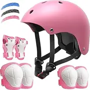 Kids Bike Helmet Set, Adjustable Helmet for Ages 3-14 Year Boys Girls, Toddler Helmet Pad Set with Knee and Elbow Pads for Bike, Roller, Skating, Scooter, Longboard and More Sports, 3 Color