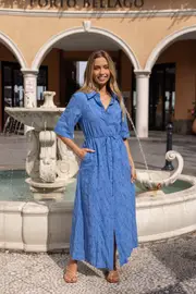 [PUP8] Cooper Embroidered Button Through Midi Dress - Cobalt XS Blue