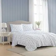 [Laura Ashley] Queen Sheet Set, Breathable Percale Cotton Bedding with Matching Pillowcases, 200 Thread Count, Deep Pocket, Chic Room Essentials (Floral Ribbon Blue, Queen)