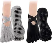 [SING F LTD] 2Pairs Non Slip Yoga 5 Toe Socks Set Women Full Toe Pilates Workout Grey Black