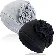 [Lubgitsr] 2 Pcs Cotton Chemo Headwear, Beanie Hat Head, Soft Turban Cap, Women's Sleep Caps, Chemo Cancer Hat with Flower Design, for Women with Hair Loss, Black+light grey, One size