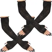 [WLLHYF] 2 Pair Halloween Women's Spider Web Arm Warmer Spider Sleeves Fingerless Gloves for Women Goth Arm Sleeves Accessories (Black), Black, 40cm long