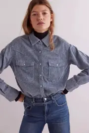 We The Free Hideaway Cord Shirt Roscoe Blue Combo Relaxed Snap Front Size XS NWT