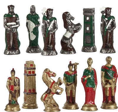 Hannibal-Roman Chessmen Set Solid Metal Silver Plated Painted Felted King 3"