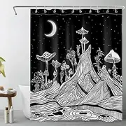 NEONWE Black and White Mushroom Shower Curtain Boho Mushrooms with Plants and Mountain Fabric Shower Curtain for Bathroom Starry Night Bathroom Shower Curtain with Hooks, 60X72 Inch