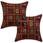 Handmade Sequins Patchwork Cotton Cushion Pillow Covers Maroon Geometrical Set