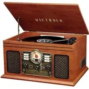 Stylish 6-in-1 Mahogany Multimedia Center with Bluetooth Turntable & Speakers