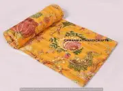 Queen Orange Floral Printed Summer Kantha Quilt Cotton Home Dorm D?cor Blanket