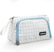 Mokani Big Capacity Pencil Case Organizer, Canvas Pen Pencil Pouch with Handle, Stationery Storage Cosmetic Bag for Office Middle High School College Students Girls Teens Adults, Blue Plaid