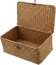 L 29x19x12cm Seaweed Woven Storage Box Natural Straw Baskets with Lid Stylish Home Decor Storage