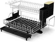 Aussie Choice Large Dish Drying Rack and Drainboard Set, 2-Tier Dish Rack with Auto Drainage, Wine Glass Rack, Cutlery Holder and Cutting Board Holder, Dish Drainer