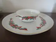 Tienshen Fine China Poinsettia & Ribbons Chip and Dip Set - NEW IN BOX