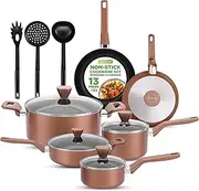 13-Piece Nonstick Kitchen Cookware Set - PTFE/PFOA/PFOS-Free Heat Resistant Kitchen Ware Pots Pan Set w/Saucepan, Frying Pans, Cooking Pots, Casserole, Lids, Ladle, Fork, Strainer, Brown -NCCWA13BR