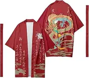[WaiYeeHei] Mens Dragon Print 3/4 Sleeve Kimono Longline Yukata Tops Shirts Unisex Haori Coat Cardigan Oriental Style Loose