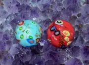 HAND MADE- RED & BLUE MILLEFIORI CANDY STYLE, 25MM GLASS MARBLES/LOT OF 2