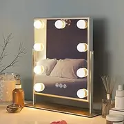 FENCHILIN Vanity Mirror with Lights Hollywood Lighted Makeup Mirror with 9 LED Bulbs, 3Colors Dimable Light Detachable 10X Magnification(White)