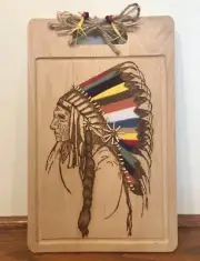 Native American Indian Handmade Wood Burning Pyrography Wall Art, Wall Plaque
