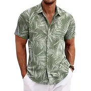 Men's Shirt Linen Shirt Beach Shirt Summer Hawaiian Shirt Leaves Outdoor Street Royal Blue Blue Purple Green Short Sleeves Turndown Summer Spring Clothing Appa