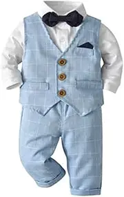 [IBTOM CASTLE] Baby Boy Outfits Set, Gentleman Jumpsuit & Vest Coat & Berets Hat with Bow Tie Wedding Tuxedo Formal Suit