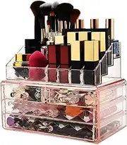 LINZOM Makeup Organisers Makeup Brushes Holder, Pink Acrylic Make up Organiser, Including 4 Drawers and 2 Pcs Set