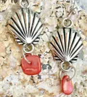 Coral Shell Chips & Silver Seashell Earrings. Laguna Beach. Ocean.