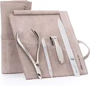 GERMANIKURE 4pc Manicure Set in Beige Suede Case - FINOX Stainless Steel Tools Made in Germany, Glass Nail Care Supplies Made in Czech Republic – Professional Cuticle and Nail Care Kit