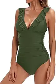 [Holipick] Women One Piece Swimsuit Tummy Control Bathing Suit Ruffled V Neck Swimwear