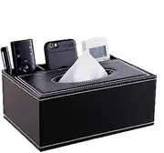 PU Leather Tissue Box Cover - Multifunctional Tissue Box Holder with Stationery Remote Control Box - Elegant and Stylish Home Napkin Holder Desktop Tissue Paper Holder Desk Storage Organizer (Black)
