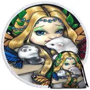 Fairy with Two Magical Ferrets with Butterfly Wings Round Beach Towel